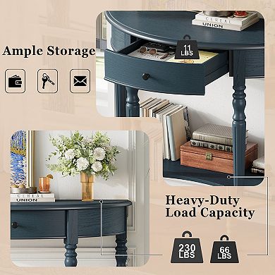 Farmhouse Half Moon Console Table with Drawer & Shelf, Navy