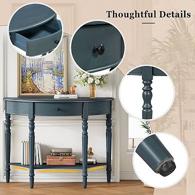 Farmhouse Half Moon Console Table with Drawer & Shelf, Navy