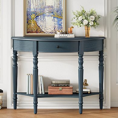 Farmhouse Half Moon Console Table with Drawer & Shelf, Navy