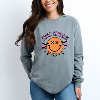 S.W.Smiley Stay Spooky Smiley Bats - Women's Garment Dyed Long Sleeve Graphic T-Shirt