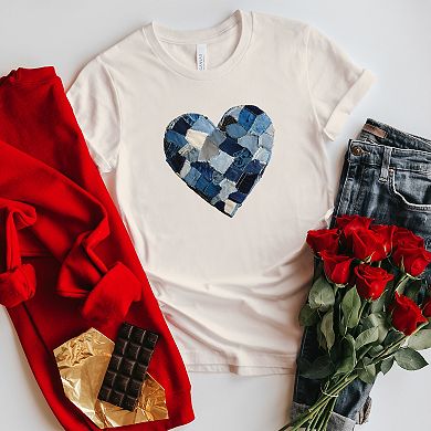 Demin Heart Print - Women's Short Sleeve Graphic T-Shirt