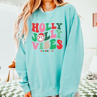 S.W.Smiley Holly Jolly Vibes Smile - Women's Lightweight Garment Dyed Sweatshirt