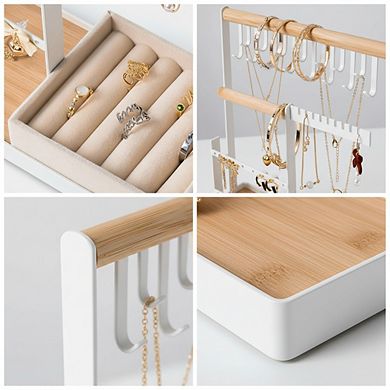 4 Tier Jewelry Organizer Stand with Velvet Ring Holder & 15 Hooks for Necklaces