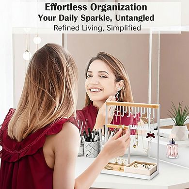 4 Tier Jewelry Organizer Stand with Velvet Ring Holder & 15 Hooks for Necklaces