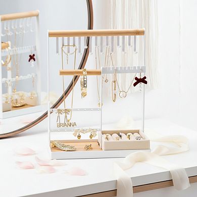 4 Tier Jewelry Organizer Stand with Velvet Ring Holder & 15 Hooks for Necklaces