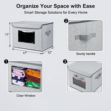 Foldable Storage Boxes with Lids, Collapsible & Stackable, 17x12x12 Inches, Gray, 4-Pack