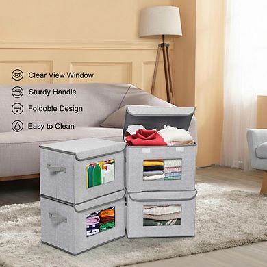 Foldable Storage Boxes with Lids, Collapsible & Stackable, 17x12x12 Inches, Gray, 4-Pack