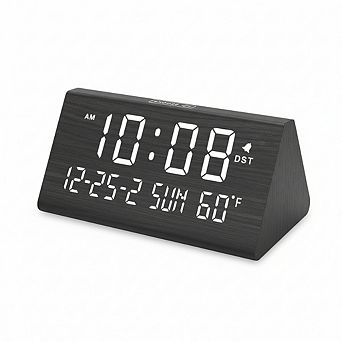 Wooden Digital Alarm Clock with Date Temperature USB Port and Dimmer for Bedroom