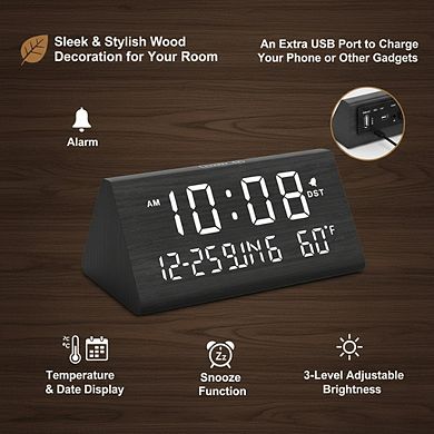 Wooden Digital Alarm Clock with Date Temperature USB Port and Dimmer for Bedroom