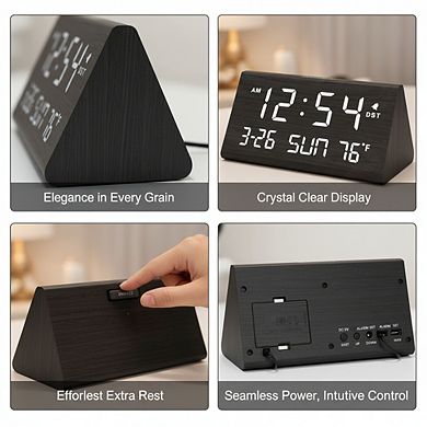 Wooden Digital Alarm Clock with Date Temperature USB Port and Dimmer for Bedroom