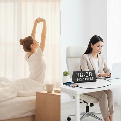 Wooden Digital Alarm Clock with Date Temperature USB Port and Dimmer for Bedroom