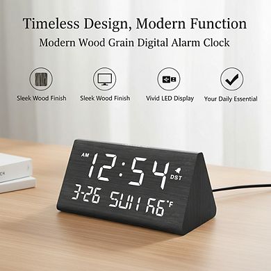 Wooden Digital Alarm Clock with Date Temperature USB Port and Dimmer for Bedroom