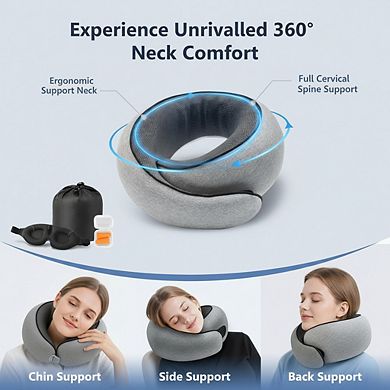 Memory Foam Travel Pillow with Eye Mask & Ear Plugs, for Airplane Car Office & Home, Grey