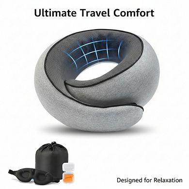 Memory Foam Travel Pillow with Eye Mask & Ear Plugs, for Airplane Car Office & Home, Grey