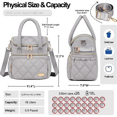 AKSZRI Quilted Double Deck Lunch Cooler with Pockets & Strap, Gray