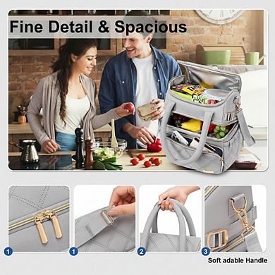 AKSZRI Quilted Double Deck Lunch Cooler with Pockets & Strap, Gray