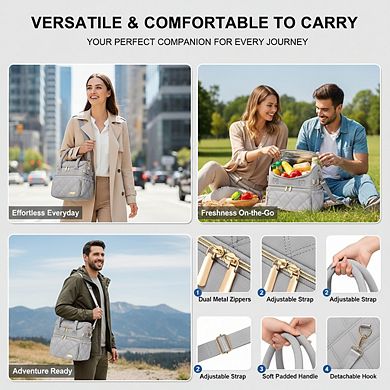 AKSZRI Quilted Double Deck Lunch Cooler with Pockets & Strap, Gray