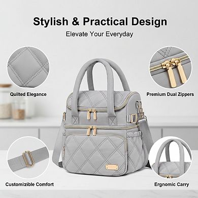 AKSZRI Quilted Double Deck Lunch Cooler with Pockets & Strap, Gray