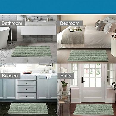 Sage Chenille Striped Shaggy Bath Mat Set, Extra Thick Non-Slip Bathroom Rugs