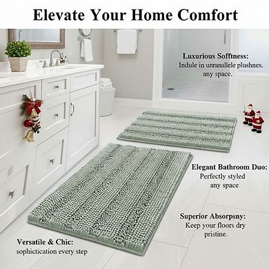 Sage Chenille Striped Shaggy Bath Mat Set, Extra Thick Non-Slip Bathroom Rugs