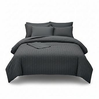 Twin XL Seersucker Comforter Set, 5 pc Dark Grey All Season Bed in a Bag with Sham