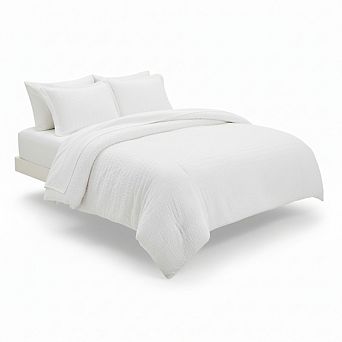 White Seersucker Queen Comforter Set, 7 pc Luxury Bed in a Bag for All Seasons
