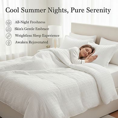 White Seersucker Queen Comforter Set, 7-Piece Luxury Bed in a Bag for All Seasons