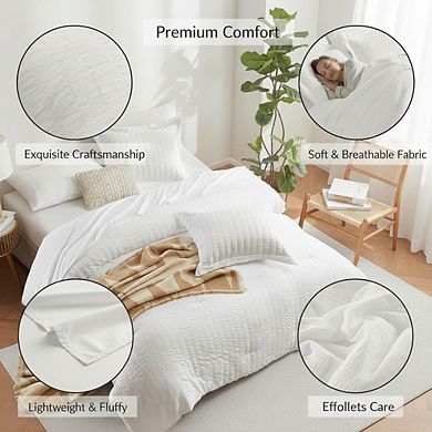 White Seersucker Queen Comforter Set, 7-Piece Luxury Bed in a Bag for All Seasons