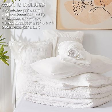 White Seersucker Queen Comforter Set, 7-Piece Luxury Bed in a Bag for All Seasons