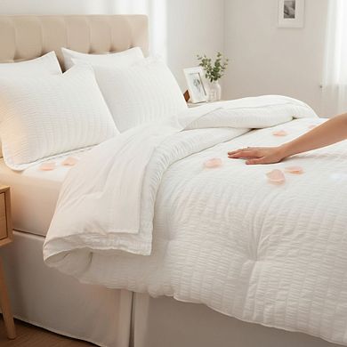 White Seersucker Queen Comforter Set, 7-Piece Luxury Bed in a Bag for All Seasons