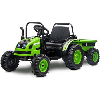 12V Kids Ride-On Tractor with Trailer, Electric Tractor w/ Remote, Music, LED Lights & Safety Belt