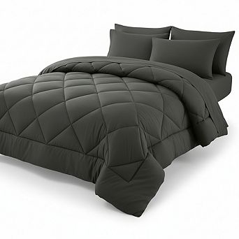 Queen Comforter Set, 7 pc Dark Grey Bed in a Bag with Sheets & Shams for All Seasons