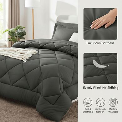 Queen Comforter Set, 7-Piece Dark Grey Bed in a Bag with Sheets & Shams for All Seasons