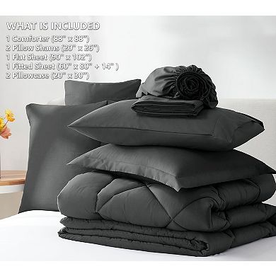 Queen Comforter Set, 7-Piece Dark Grey Bed in a Bag with Sheets & Shams for All Seasons