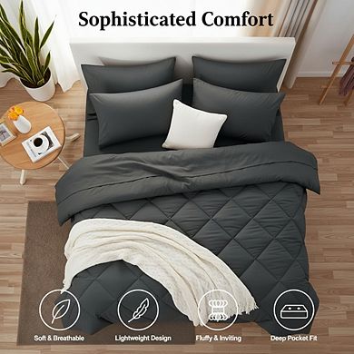 Queen Comforter Set, 7-Piece Dark Grey Bed in a Bag with Sheets & Shams for All Seasons