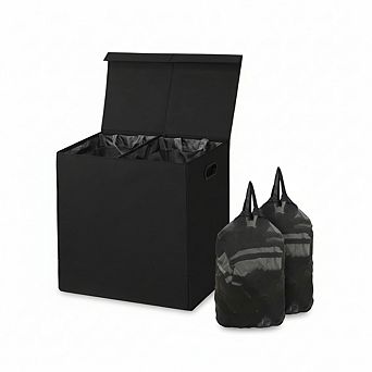 Double Laundry Hamper with Lid & Removable Bags, Black - Dual Compartment Organizer