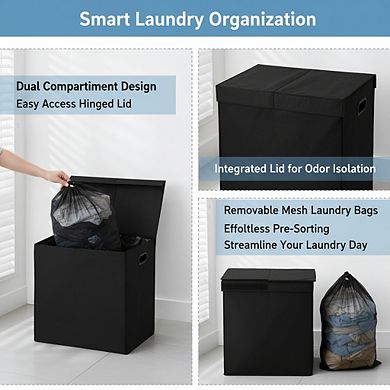 Double Laundry Hamper with Lid & Removable Bags, Black - Dual Compartment Organizer