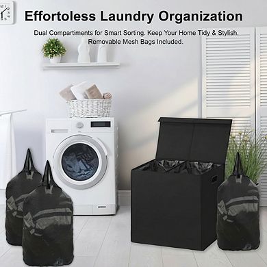 Double Laundry Hamper with Lid & Removable Bags, Black - Dual Compartment Organizer