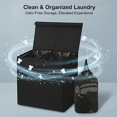 Double Laundry Hamper with Lid & Removable Bags, Black - Dual Compartment Organizer
