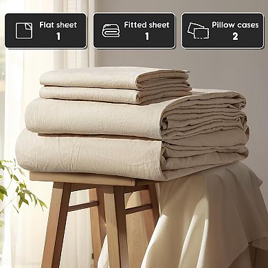 100% French Linen Queen Sheets, 4-Piece Set with 16" Deep Pocket - Breathable, Cooling & Durable