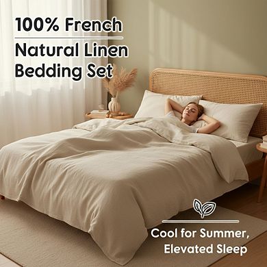 100% French Linen Queen Sheets, 4-Piece Set with 16" Deep Pocket - Breathable, Cooling & Durable