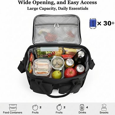 AKSZRI Insulated Lunch Bag - Large Leakproof Cooler Tote with Wide Opening & Strap (Black)