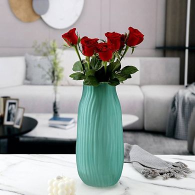 FROSTED GREEN RIBBED GLASS ORNAMENTAL VASE