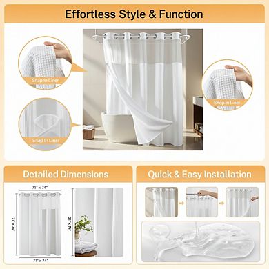 Cotton Blend Waffle Weave Shower Curtain Set with Snap-In Replacement Liner