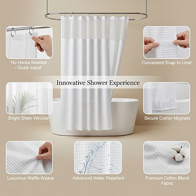 Cotton Blend Waffle Weave Shower Curtain Set with Snap-In Replacement Liner