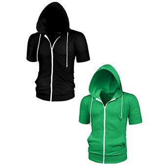 2 Packs Men's Hoodies Solid Color Zip Up Short Sleeve Jackets with Hood