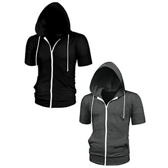 2 Packs Men's Hoodies Solid Color Zip Up Short Sleeve Jackets with Hood