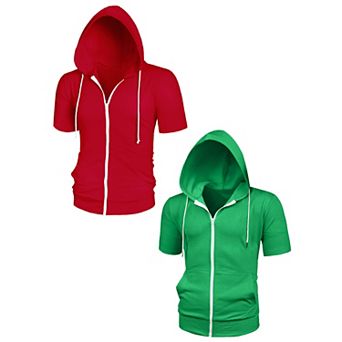 2 Packs Men's Hoodies Solid Color Zip Up Short Sleeve Jackets with Hood
