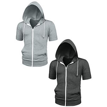 2 Packs Men's Hoodies Solid Color Zip Up Short Sleeve Jackets with Hood
