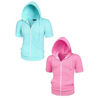 2 Packs Men's Hoodies Solid Color Zip Up Short Sleeve Jackets with Hood